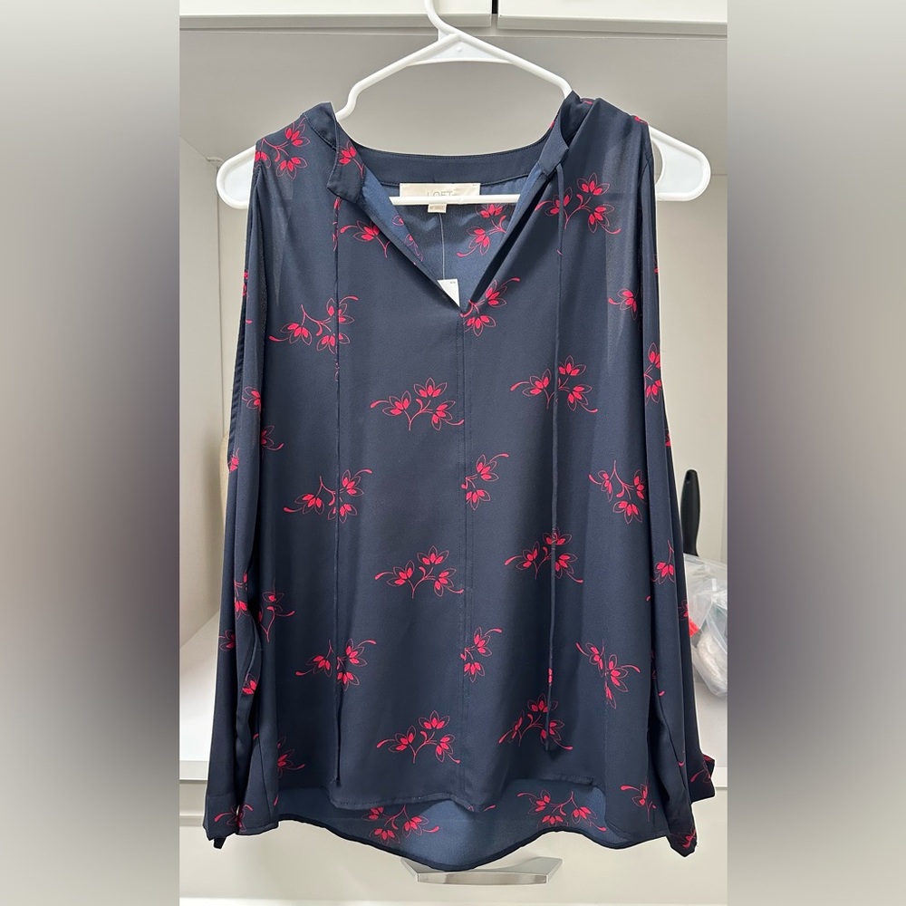 LOFT Navy Blouse with Pink Floral Design